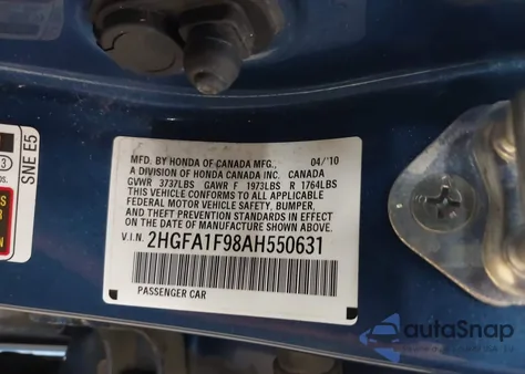 2010 Honda Civic Ex-L from USA, damaged, VIN 2HGFA1F98AH550631